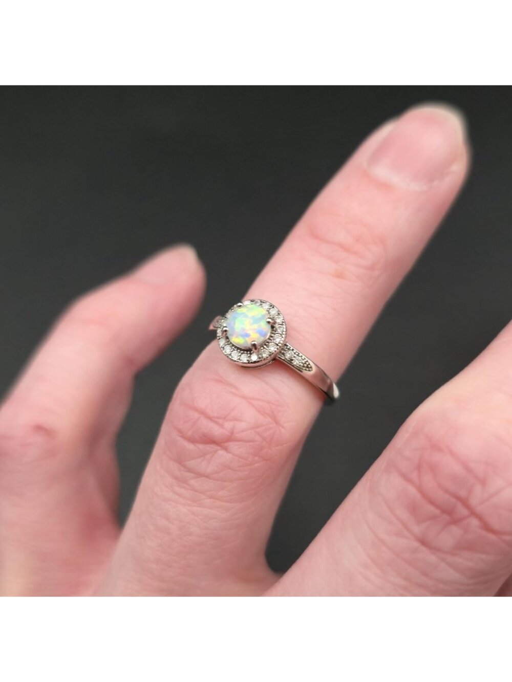Size 5 Sterling Silver Round White Opal Halo Ring with Cubic Zirconia Ring A7487 - Picture 5 of 9